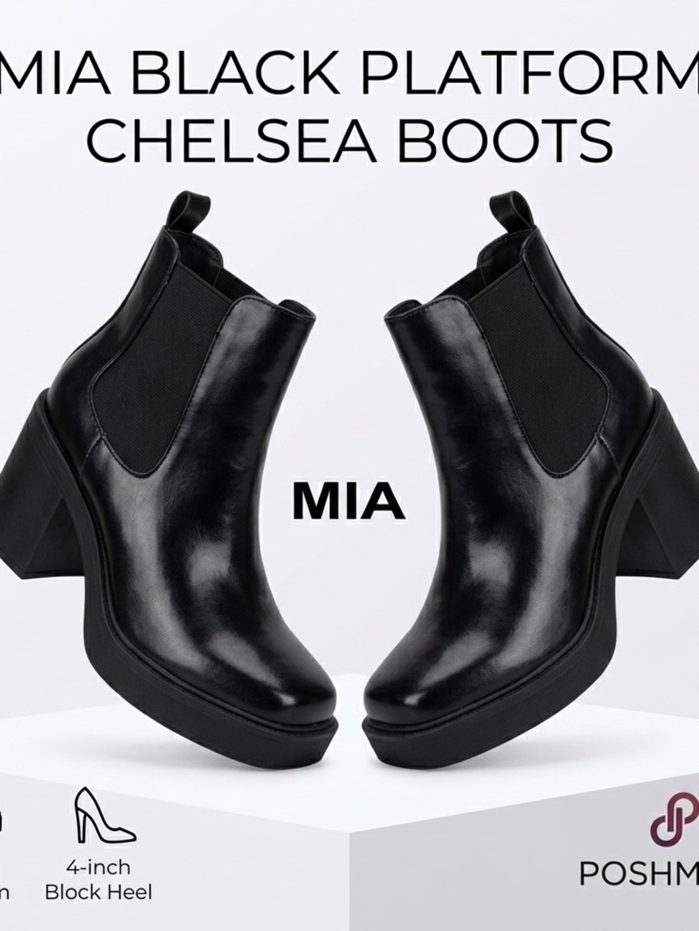MIA Black Platform Chelsea Boots Size 8 Chunky Block Heel Square Toe